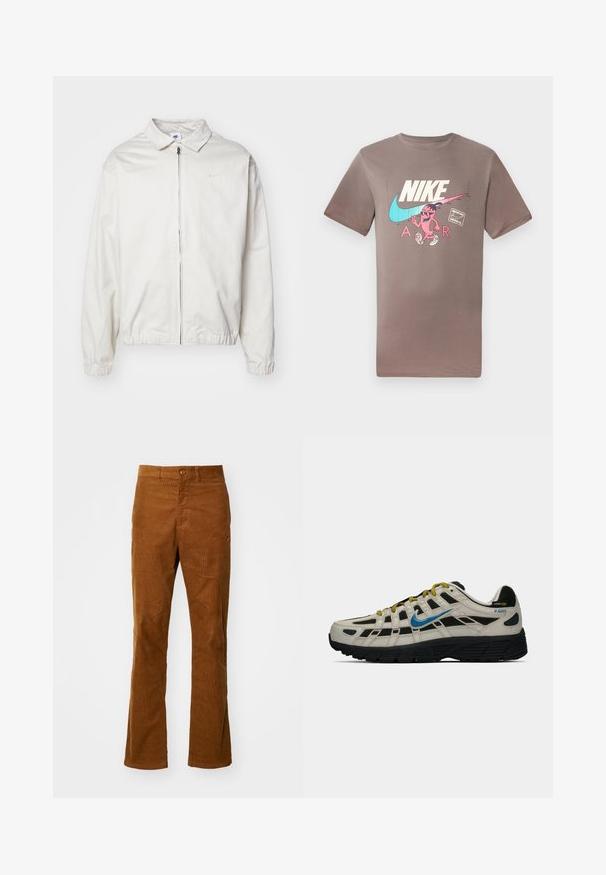 Casaco Nike branco e leve, com gola, fecho frontal, punhos elásticos e um pequeno logótipo no lado esquerdo do peito. Textura suave.; T-shirt de algodão castanho com um gráfico colorido de um personagem com óculos de sol, ao lado dos logos da Nike e da Air em cores contrastantes.; Calças de velcro castanhas de perna larga com frente plana, fecho de botão único e bolsos laterais. A textura é canelada, proporcionando uma sensação suave e durável.; Sapatilha Nike P-6000 em bege e preto com swoosh azul, atacadores amarelos, sola preta e etiqueta de tecido Cordura no calcanhar.