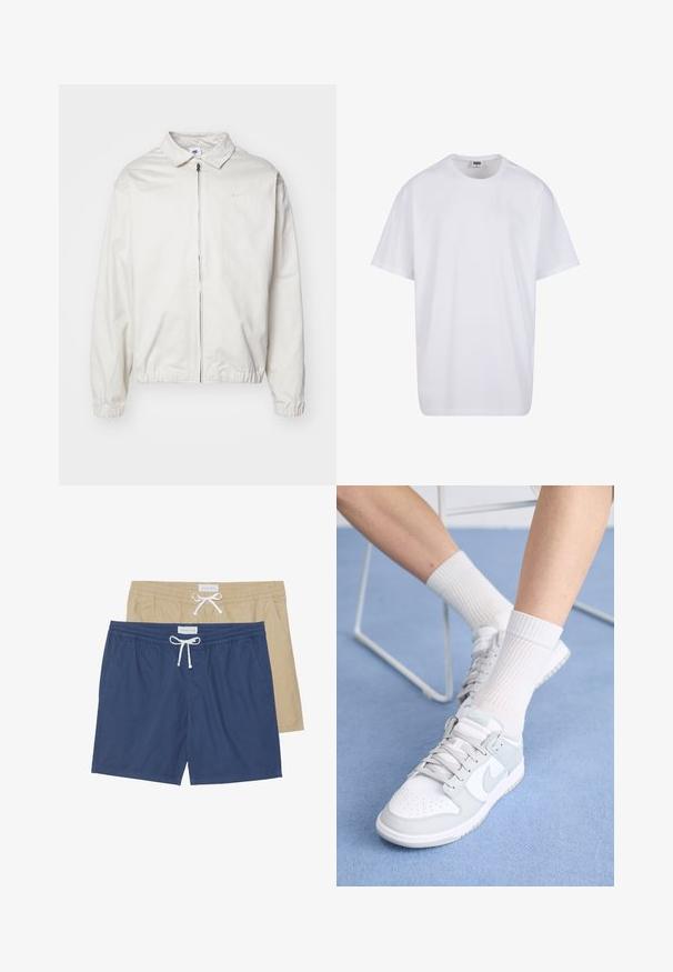 White, lightweight Nike jacket with a collared neckline, front zipper, elastic cuffs, and a small logo on the left chest. Smooth texture.; White cotton t-shirt with short sleeves, rounded neckline, relaxed fit, and no visible logos or patterns. Smooth texture and minimal design.; Two pairs of swim shorts: one navy blue and one khaki, featuring elastic waistbands, drawstring details, and side pockets.; White sneakers with light blue accents, leather upper, perforated toe, thick laces, and ribbed white socks against blue background.