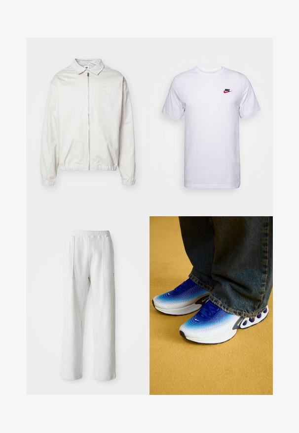 Hvid, letvægts Nike-jakke med kravehals, lynlås foran, elastiske ærmer og et lille logo på venstre bryst. Glat tekstur.; Hvid kortærmet t-shirt lavet af bomuld, med et lille rødt og sort Nike-logo på venstre bryst. Normal pasform, rund halsudskæring.; Hvide afslappede bukser med en elastisk talje og store forreste lommer, vist på en ensfarvet lys baggrund.; Sportsko med gradient blå og hvid mesh-overdel, polstret krave og karakteristisk sål med cirkulære detaljer. Båret med denimbukser.