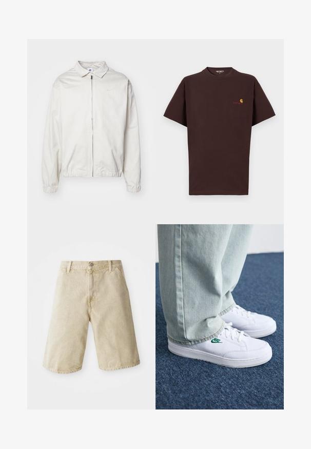 Valge, kerge Nike jakk, milles on krae, ees lukk, elastsed mansetid ja väike logo vasakul rinnal. Sile tekstuur.; Pruun puuvillane T-särk lühikeste varrukatega, ümmargune kaelus, vasakul rinnal oranž ja punane logo, sirge helio ja vabalt istuv lõige.; Beez denimpüksid sirge lõikega, viie taskuga, esiküljel nupu ja lukuga kinni, ning kangal on õrn fade efekt.; Valged nahast tennisetossud rohelise Nike logo ja ümarate varvastega, lamedate taldadega, koos helesiniste teksapükstega, esitatud sinisel vaibal.