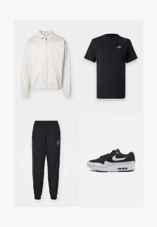Weiße, leichte Nike-Jacke mit kragenförmigem Ausschnitt, Reißverschluss vorne, elastischen Bündchen und einem kleinen Logo auf der linken Brust. Glatte Textur.; Schwarzes Baumwoll-T-Shirt mit rundem Ausschnitt und kurzen Ärmeln. Mit einem pinken Nike-Logo auf der oberen linken Seite. Glatte Textur.; Schwarze Sporthose aus leichtem Material mit grünen seitlichen Akzenten und einem elastischen Bund, ausgestattet mit einem kleinen weißen Logo auf der linken Seite.; Schwarzer und grauer Sneaker mit einem Mesh-Obermaterial, Lederakzenten, sichtbarer Air-Dämpfung in der Sohle und einer weißen Zwischensohle mit schwarzem Außensohlen.