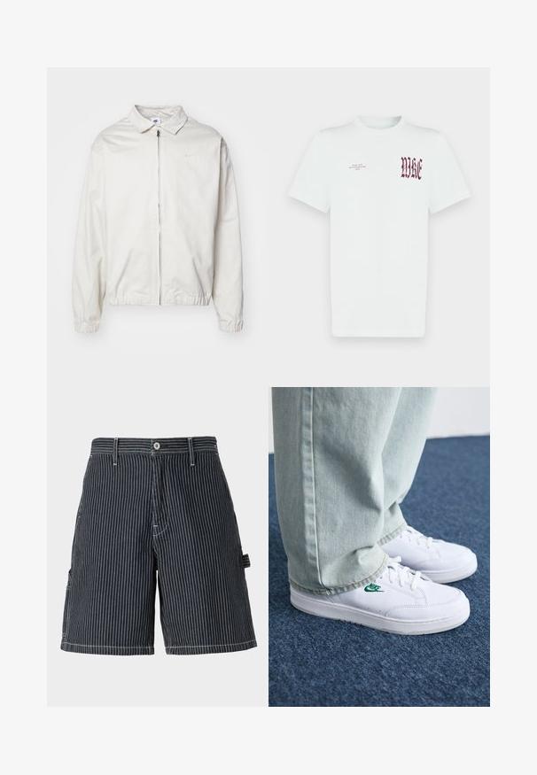 Biała, lekka kurtka Nike z kołnierzykiem, zamek błyskawiczny z przodu, elastycznymi mankietami oraz małym logo na lewej piersi. Gładka faktura.; Biała bawełniana koszulka z czerwonym nadrukiem "NIKE" oraz tekstem na lewej piersi. Krótkie rękawy i okrągły dekolt, gładka faktura.; Szorty w granatowo-białe paski z bawełny o luźnym kroju, z bocznymi kieszeniami, szlufkami na pasek oraz kontrastowym białym stębnowaniem.; Białe skórzane sneakersy z zielonym logo Nike, okrągły czubek, płaska podeszwa, zestawione z jasnoniebieskimi dżinsami, pokazane na niebieskim dywanie.