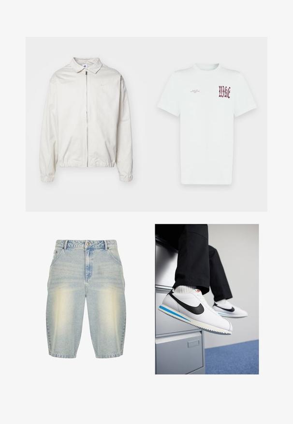 Bijela, lagana Nike jakna s ovratnikom, prednjim patentnim zatvaračem, elastičnim rukavima i malim logom na lijevoj strani prsa. Glatka tekstura.; Bijela pamučna majica kratkih rukava s crvenim natpisom "NIKE" i grafikom na lijevoj strani prsa. Dizajn s okruglim izrezom i glatkom teksturom.; Svijetloplave traper kratke hlače s izblijedjelim završetkom, s klasičnim krojem s pet džepova, petljama za pojas i ravnim rezom.; Bijele kožne tenisice s crnim Nike logotipom, svijetloplavi i sivi gumeni potplat te klasičan dizajn vezanja. Noge su naslonjene na ormar.