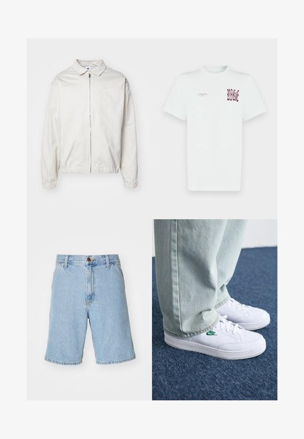 Balta, lengva Nike striukė su apykakle, priekiniais užtrauktuku, elastingomis rankogaliais ir maža logotipu kairiajame krūtinės kampe. Lygus paviršius.; Balta medvilninė marškinėlė su raudonu "NIKE" grafiniu piešiniu ir tekstu kairėje krūtinės pusėje. Trumpomis rankovėmis ir apvaliame iškirpte, lygi tekstūra.; Šviesiai mėlyni džinsiniai šortai su laisvu kirpimu, turintys užtrauktuką, mygtukų uždarymą ir keturis kišenes. Audinys yra lygus ir malonus liesti.; Balti odiniai sportbačiai su žaliu Nike logotipu, apvalia nosimi, plokščiu padu, derinami su šviesiai mėlynomis džinsinėmis kelnėmis, rodomi ant mėlynos kiliminės dangos.
