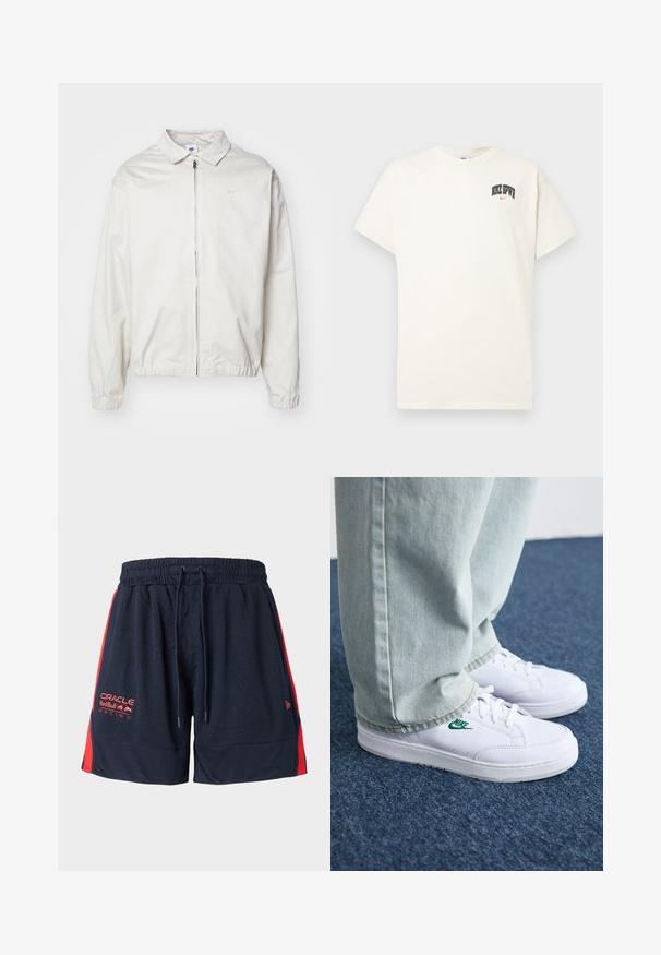 Balta, lengva Nike striukė su apykakle, priekiniais užtrauktuku, elastingomis rankogaliais ir maža logotipu kairiajame krūtinės kampe. Lygus paviršius.; Kremo spalvos medvilninis marškinėlis trumpomis rankovėmis, su "NIKE SB" juodu ir raudonu tekstu ant krūtinės. Standartinė apvali iškirptė.; Tamsiai mėlynos tinklinės šortai su raudonomis šoninėmis juostelėmis. Yra elastingas juosmuo ir raištelis. Kairėje šlaunyje yra logotipo siuvinėjimas.; Balti odiniai sportbačiai su žaliu Nike logotipu, apvalia nosimi, plokščiu padu, derinami su šviesiai mėlynomis džinsinėmis kelnėmis, rodomi ant mėlynos kiliminės dangos.