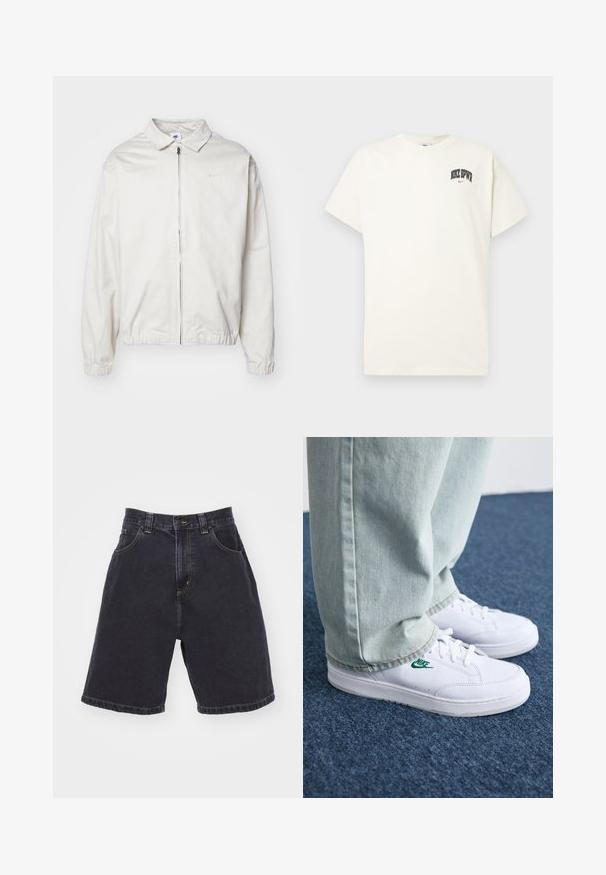 Veste Nike blanche et légère avec un col, fermeture éclair à l'avant, poignets élastiques et un petit logo sur la poitrine gauche. Texture lisse.; T-shirt en coton couleur crème à manches courtes, avec "NIKE SB" en texte noir et rouge sur la poitrine. Col rond standard.; Shorts en denim foncé à taille haute, dotés de deux poches avant, avec des coutures jaunes contrastées et une coupe droite avec une finition ourlée.; Baskets en cuir blanc avec logo Nike vert, bout rond, semelle plate, associées à un pantalon en denim bleu clair, présentées sur un tapis bleu.