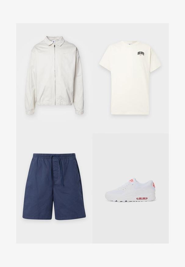Giacca Nike bianca, leggera, con colletto, zip frontale, polsini elasticizzati e un piccolo logo sul lato sinistro del petto. Texture liscia.; T-shirt in cotone color crema con maniche corte, con la scritta "NIKE SB" in nero e rosso sul petto. Collo tondo standard.; Pantaloni corti blu navy realizzati in tessuto leggero, dotati di vita elasticizzata con cordino, tasche laterali e vestibilità rilassata.; Sneaker atletica bianca con tomaia liscia, chiusura con lacci, suola ammortizzata e un'unità d'aria visibile con accenti rossi sul branding.