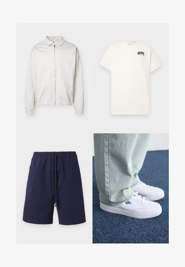 Fehér, könnyű Nike dzseki, galléros nyakkal, elöl cipzárral, elasztikus mandzsettákkal és kis logóval a bal melle részén. Simaszerű textúra.; Krém színű pamut póló rövid ujjakkal, fekete és piros "NIKE SB" felirattal a mellkasán. Standard kerek nyakkivágással.; Tengerészkék, pamutból készült rövidnadrág, rugalmas derekkal és húzózsinórral, oldalsó zsebekkel és egyenes ládizájnnal. Mintázat nélkül.; Fehér bőr sportcipők zöld Nike logóval, kerek orral, lapos talppal, világoskék farmernadrággal párosítva, kék szőnyegen bemutatva.