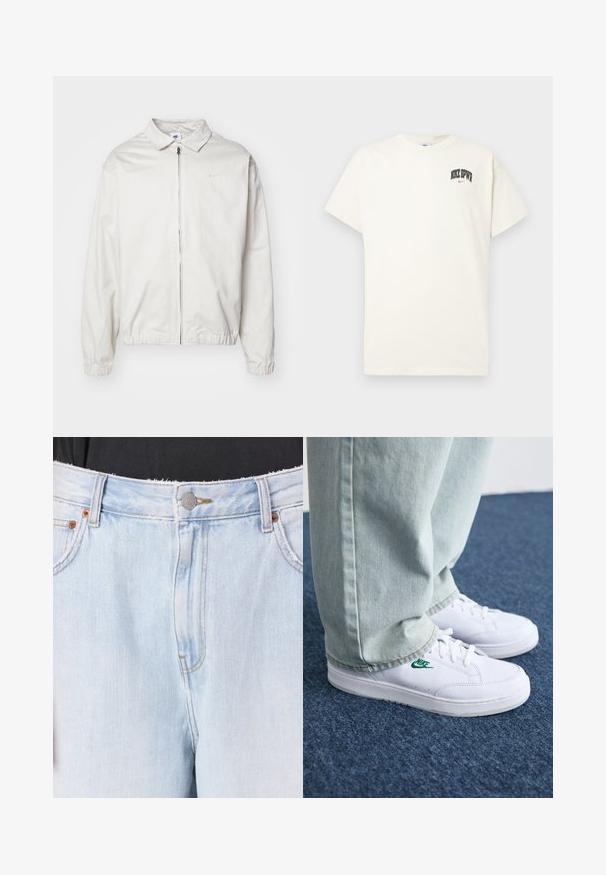White, lightweight Nike jacket with a collared neckline, front zipper, elastic cuffs, and a small logo on the left chest. Smooth texture.; Cream-colored cotton t-shirt with short sleeves, featuring "NIKE SB" in black and red text on the chest. Standard round neckline.; Light blue denim jeans with a frayed hem, silver button closure, and copper-colored rivets. Features visible stitching and front pockets.; White leather sneakers with green Nike logo, round toe, flat sole, paired with light blue denim pants, shown on a blue carpet.