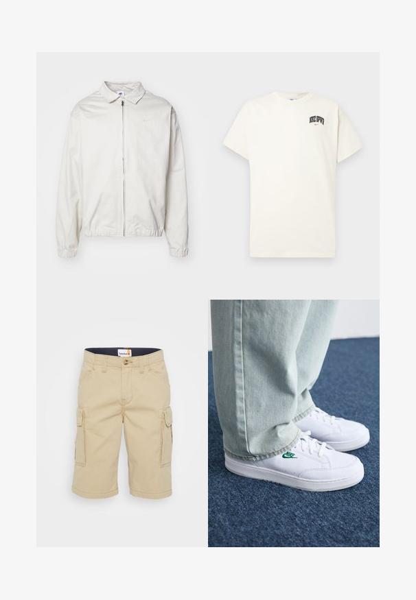 Casaco Nike branco e leve, com gola, fecho frontal, punhos elásticos e um pequeno logótipo no lado esquerdo do peito. Textura suave.; T-shirt de algodão na cor creme com mangas curtas, apresentando "NIKE SB" em texto preto e vermelho no peito. Gola redonda padrão.; Calções cargo bege com um corte reto, apresentando bolsos laterais, fecho com botão e uma textura de tecido robusta. Etiqueta visível na cintura.; Tênis de couro brancos com logo verde da Nike, bico redondo, sola plana, combinados com calças de denim azul claro, exibidos sobre um tapete azul.