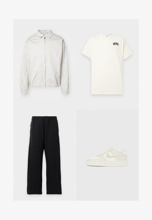 White, lightweight Nike jacket with a collared neckline, front zipper, elastic cuffs, and a small logo on the left chest. Smooth texture.; Cream-colored cotton t-shirt with short sleeves, featuring "NIKE SB" in black and red text on the chest. Standard round neckline.; Black sweatpants made of soft fabric, featuring a drawstring waist, wide leg design, and side pockets with a smooth texture.; White Nike Air Force 1 sneakers with a smooth leather upper, light gray accents, perforations on the toe, and a textured rubber sole.