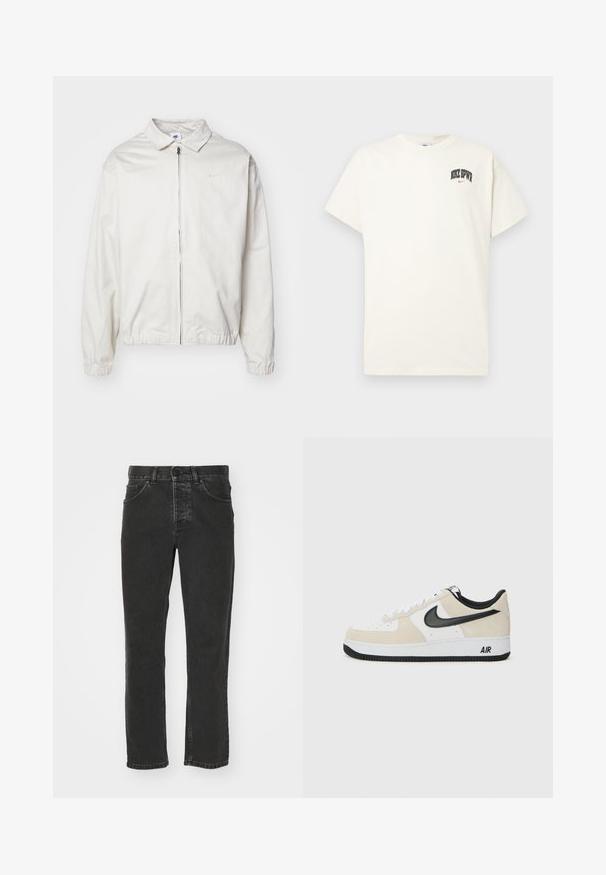 Hvit, lett Nike-jakke med kragehals, glidelås foran, elastiske mansjetter og en liten logo på venstre bryst. Glatt tekstur.; Kremfarget bomull t-skjorte med korte ermer, med "NIKE SB" i svart og rødt trykk på brystet. Standard rund halslinning.; Svarte denim jeans med rett ben-design, klassisk fem-lommestil, knapp i midjen og falmet finish. Glatt tekstur, uten synlige mønstre.; Sneakers med lys beige semsket skinn og hvit skinn-overdel, svart Nike swoosh, svarte detaljer, og en hvit gummisåle med "AIR" merke.