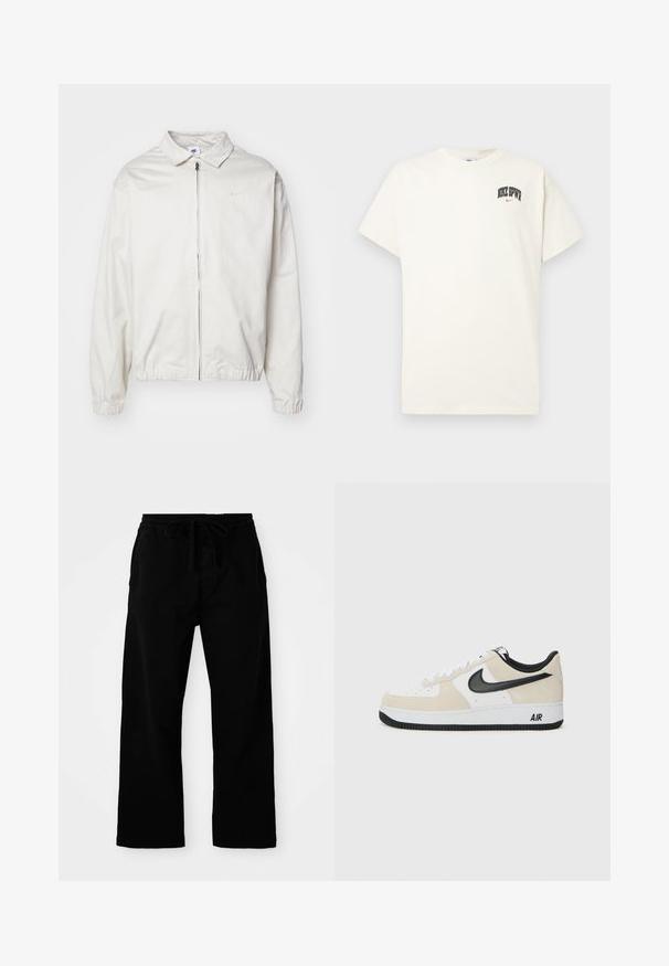 Casaco Nike branco e leve, com gola, fecho frontal, punhos elásticos e um pequeno logótipo no lado esquerdo do peito. Textura suave.; T-shirt de algodão na cor creme com mangas curtas, apresentando "NIKE SB" em texto preto e vermelho no peito. Gola redonda padrão.; Calças pretas com cintura elástica e cordão ajustável, pernas largas e uma textura de algodão suave. Sem padrões ou detalhes em metal visíveis.; Sapatilhas com parte superior em camurça bege claro e couro branco, swoosh da Nike em preto, detalhes em preto e uma sola de borracha branca com a marca "AIR".