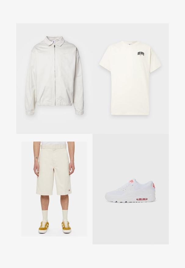 Weiße, leichte Nike-Jacke mit kragenförmigem Ausschnitt, Reißverschluss vorne, elastischen Bündchen und einem kleinen Logo auf der linken Brust. Glatte Textur.; Cremfarbens Baumwoll-T-Shirt mit kurzen Ärmeln, das "NIKE SB" in schwarzem und rotem Text auf der Brust zeigt. Klassischer Rundhalsausschnitt.; Beige Baumwollshorts mit geradem Schnitt, flacher Front und Seitentaschen. Mit einem kleinen Logo-Patch nahe dem Saum. Getragen mit gelben Turnschuhen.; Weiße Sportsneaker mit einem glatten Obermaterial, Schnürverschluss, gepolsterter Sohle und einem sichtbaren Luftpolster mit roten Akzenten im Branding.