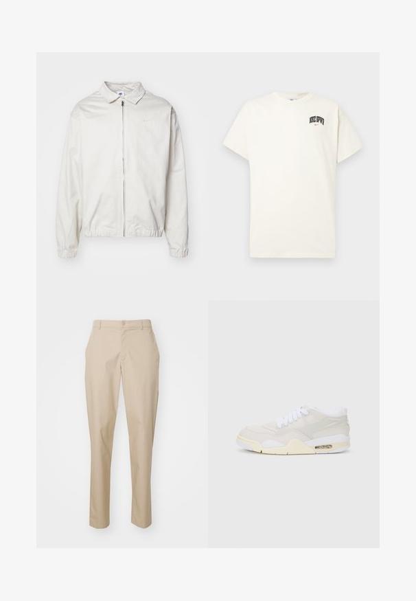 Bela, lahka Nike jakna z ovratnikom, sprednjim zadrgo, elastičnimi manšetami in majhnim logotipom na levem prsnem delu. Gladka tekstura.; Kremasta bombažna majica s kratkimi rokavi, z natisnjenim napisom "NIKE SB" v črni in rdeči barvi na prsih. Standardni okrogli izrez.; Bež hlače s prilagojenim krojem, ravnega teka, z gumbom za zapiranje in ravnim pasom. Narejene so iz gladkega materiala brez vidnih vzorcev.; Tenisice z lahkim bež sintetičnim zgornjim delom, belimi vezalkami in vidnim oblazinjenjem. Imajo gladek podplat in diskretne stranske okraske.
