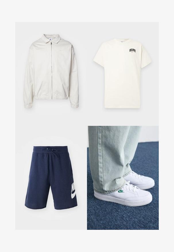 Casaco Nike branco e leve, com gola, fecho frontal, punhos elásticos e um pequeno logótipo no lado esquerdo do peito. Textura suave.; T-shirt de algodão na cor creme com mangas curtas, apresentando "NIKE SB" em texto preto e vermelho no peito. Gola redonda padrão.; Calções desportivos azul marinho em mistura de algodão, com um cós elástico com cordão, bolsos laterais e um grande logótipo branco na perna esquerda.; Tênis de couro brancos com logo verde da Nike, bico redondo, sola plana, combinados com calças de denim azul claro, exibidos sobre um tapete azul.