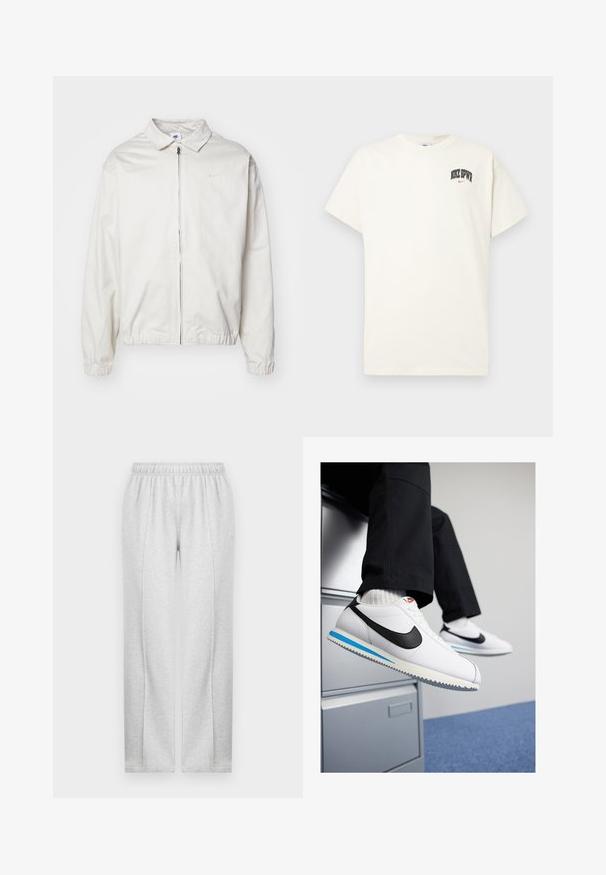Balta, lengva Nike striukė su apykakle, priekiniais užtrauktuku, elastingomis rankogaliais ir maža logotipu kairiajame krūtinės kampe. Lygus paviršius.; Kremo spalvos medvilninis marškinėlis trumpomis rankovėmis, su "NIKE SB" juodu ir raudonu tekstu ant krūtinės. Standartinė apvali iškirptė.; Pilkai sportiniai kelnių su elastinga juosta, tiesiomis kojomis ir švelniais šonų siūlais. Pagaminta iš minkštos, lengvos medžiagos. Minimalistinis dizainas.; Baltos odinės sportbačiai su juodu Nike logotipu, šviesiai mėlyna ir pilka guma padais bei klasikiniu raištelių dizainu. Kojos remiasi į dokumentų spintą.