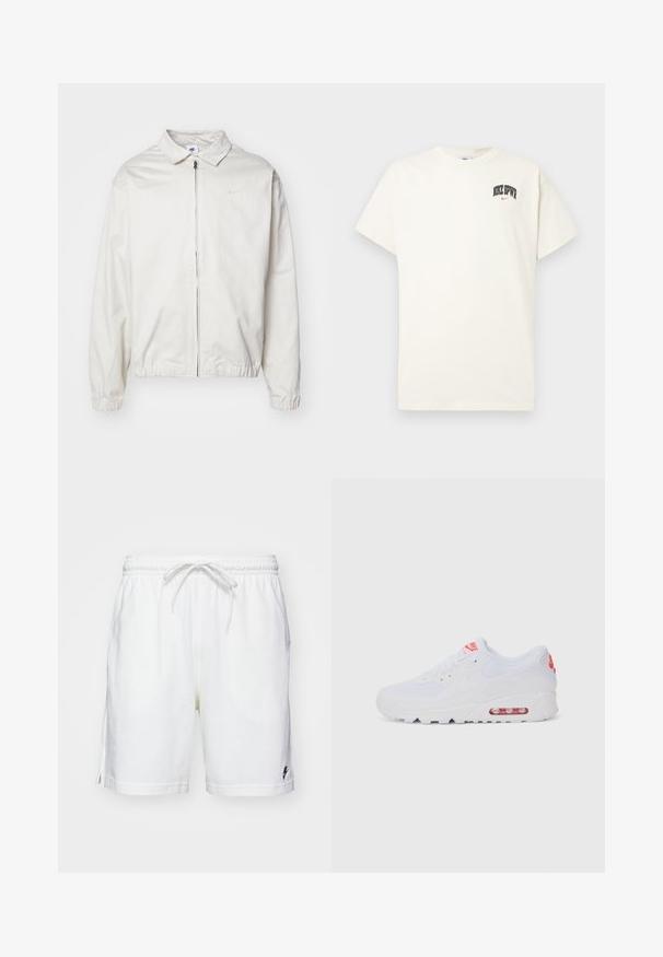 Biała, lekka kurtka Nike z kołnierzykiem, zamek błyskawiczny z przodu, elastycznymi mankietami oraz małym logo na lewej piersi. Gładka faktura.; Beżowa bawełniana koszulka z krótkim rękawem, z napisem "NIKE SB" w czarnym i czerwonym kolorze na klatce piersiowej. Klasyczny okrągły dekolt.; Białe bawełniane szorty z elastycznym pasem, sznurkiem i bocznymi rozcięciami. Posiadają małe czarne logo na lewej krawędzi.; Białe sportowe sneakersy z gładką cholewką, sznurowaniem, wyściełaną podeszwą i widoczną jednostką powietrzną z czerwonymi akcentami na oznaczeniach.