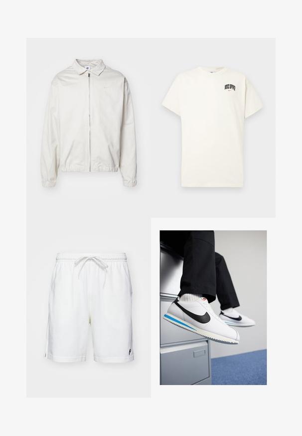 Balta, lengva Nike striukė su apykakle, priekiniais užtrauktuku, elastingomis rankogaliais ir maža logotipu kairiajame krūtinės kampe. Lygus paviršius.; Kremo spalvos medvilninis marškinėlis trumpomis rankovėmis, su "NIKE SB" juodu ir raudonu tekstu ant krūtinės. Standartinė apvali iškirptė.; Balti medvilniniai šortai su elastinga juosmena, raiščiu ir šoninėmis skeltimis. Priekyje yra mažas juodas logotipas kairėje krašto pusėje.; Baltos odinės sportbačiai su juodu Nike logotipu, šviesiai mėlyna ir pilka guma padais bei klasikiniu raištelių dizainu. Kojos remiasi į dokumentų spintą.