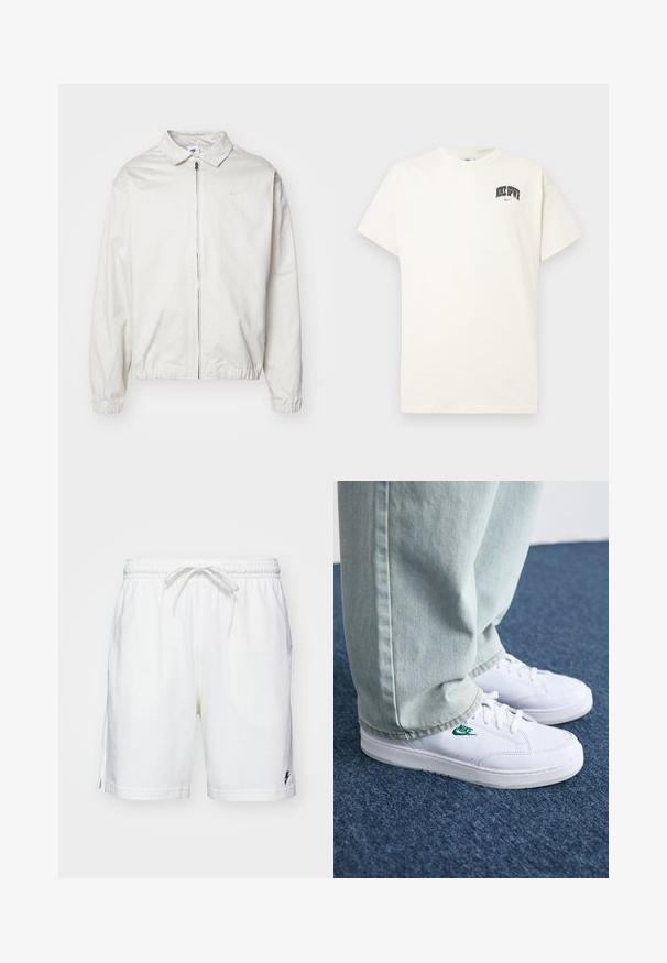 Casaco Nike branco e leve, com gola, fecho frontal, punhos elásticos e um pequeno logótipo no lado esquerdo do peito. Textura suave.; T-shirt de algodão na cor creme com mangas curtas, apresentando "NIKE SB" em texto preto e vermelho no peito. Gola redonda padrão.; Bermudas brancas em algodão com um cós elástico, cordão de ajuste e rachas laterais. Apresenta um pequeno logótipo preto na bainha esquerda.; Tênis de couro brancos com logo verde da Nike, bico redondo, sola plana, combinados com calças de denim azul claro, exibidos sobre um tapete azul.