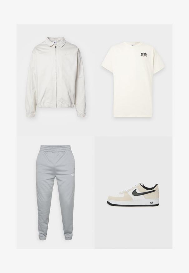 Bijela, lagana Nike jakna s ovratnikom, prednjim patentnim zatvaračem, elastičnim rukavima i malim logom na lijevoj strani prsa. Glatka tekstura.; Pamučni majica boje kreme s kratkim rukavima, na prsima ima natpis "NIKE SB" u crnoj i crvenoj boji. Standardni okrugli izrez.; Svijetlosivi trenirka s elastičnim strukom i suženim gležnjevima. Ima mali bijeli logo sa strane. Tekstura materijala.; Tenisice sa svijetlosmešavom suedinom i bijelim kožnim gornjištem, crnim Nike swoosh-om, crnim detaljima i bijelom gumiranom potplatom s "AIR" brendingom.