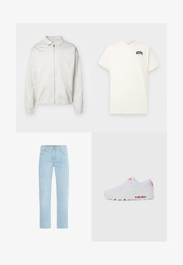 Jachetă Nike albă, ușoară, cu guler, fermoar frontal, manșete elastice și un logo mic pe pieptul stâng. Textură netedă.; T-shirt din bumbac de culoare crem, cu mâneci scurte, având inscripția "NIKE SB" în text negru și roșu pe piept. Guler standard, de formă rotundă.; Jeans din denim albastru deschis, cu croială dreaptă, design standard cu cinci buzunare și fermoar cu închidere prin buton metalic.; Adidașii albaștri de sport au o parte superioară netedă, sistem de închidere cu șireturi, talpă cu amortizare și o unitate de aer vizibilă cu accente roșii pe branding.