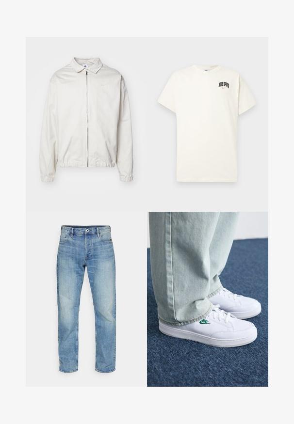 Balta, lengva Nike striukė su apykakle, priekiniais užtrauktuku, elastingomis rankogaliais ir maža logotipu kairiajame krūtinės kampe. Lygus paviršius.; Kremo spalvos medvilninis marškinėlis trumpomis rankovėmis, su "NIKE SB" juodu ir raudonu tekstu ant krūtinės. Standartinė apvali iškirptė.; Šviesiai mėlynos džinsinės kelnės su tiesiu kirpimu, penkiais kišenėmis, mygtuko užsegimu ir nugairintomis vietomis, suteikiančiomis papildomą tekstūrą.; Balti odiniai sportbačiai su žaliu Nike logotipu, apvalia nosimi, plokščiu padu, derinami su šviesiai mėlynomis džinsinėmis kelnėmis, rodomi ant mėlynos kiliminės dangos.