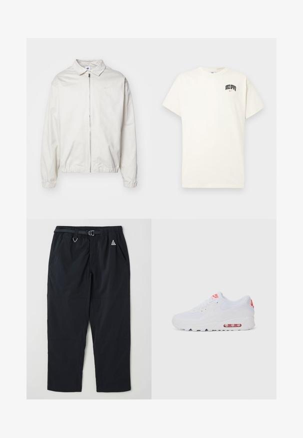 Balta, viegla Nike jaka ar apkakles kaklu, priekšējo rāvējslēdzēju, elastīgām piedurknēm un mazu logotipu kreisajā krūtī. Gluda tekstūra.; Kremkrāsas kokvilnas T-krekls ar īsām piedurknēm, ar uzrakstu "NIKE SB" melnā un sarkanā krāsā uz krūtīm. Standarta apaļa apkakle.; Melnas brīvdabas bikses, izgatavotas no viegla materiāla, ar elastīgu jostu un jostu, divām sānu kabatām un smalku logo detaļu.; Baltas sporta apavi ar gludu augšdaļu, saitēm, mīkstu zoli un redzamu gaisa vienību ar sarkaniem akcentiem uz zīmola.
