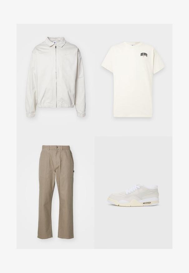 Biała, lekka kurtka Nike z kołnierzykiem, zamek błyskawiczny z przodu, elastycznymi mankietami oraz małym logo na lewej piersi. Gładka faktura.; Beżowa bawełniana koszulka z krótkim rękawem, z napisem "NIKE SB" w czarnym i czerwonym kolorze na klatce piersiowej. Klasyczny okrągły dekolt.; Beżowe bawełniane spodnie o prostym kroju, z dwoma przednimi kieszeniami i zapięciem na guzik w pasie. Gładka faktura, bez wzorów.; Sneakers z lekkim beżowym syntetycznym wierzchem, białymi sznurówkami i widocznymi amortyzacjami. Posiadają gładką podeszwę i subtelne akcenty po bokach.