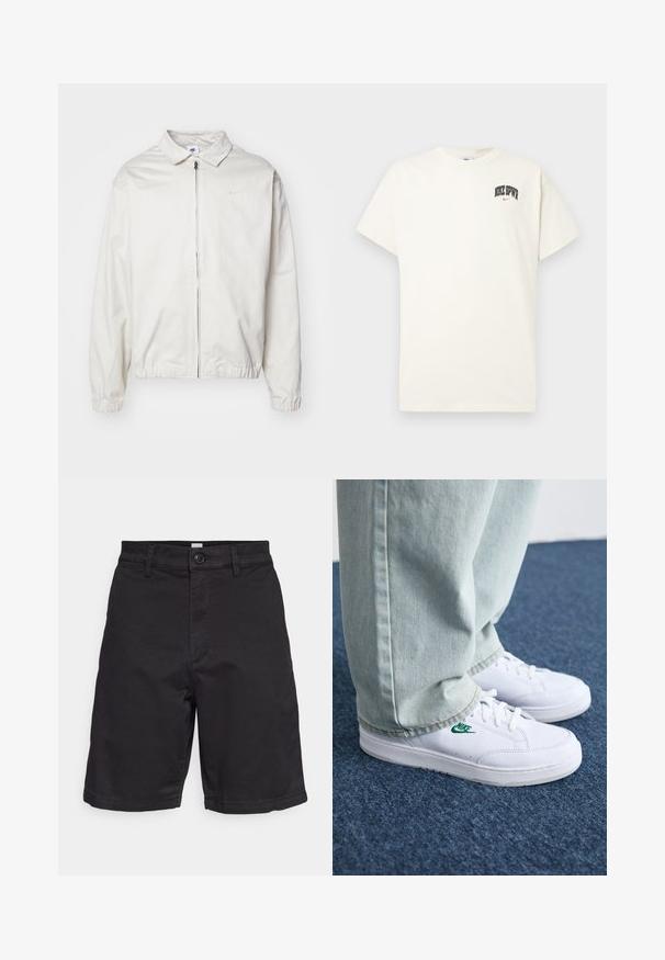 White, lightweight Nike jacket with a collared neckline, front zipper, elastic cuffs, and a small logo on the left chest. Smooth texture.; Cream-colored cotton t-shirt with short sleeves, featuring "NIKE SB" in black and red text on the chest. Standard round neckline.; GAP ESSENTIAL SHORT - Shorts - true black; White leather sneakers with green Nike logo, round toe, flat sole, paired with light blue denim pants, shown on a blue carpet.