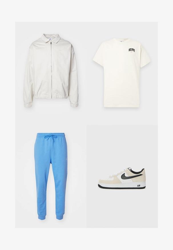 Fehér, könnyű Nike dzseki, galléros nyakkal, elöl cipzárral, elasztikus mandzsettákkal és kis logóval a bal melle részén. Simaszerű textúra.; Krém színű pamut póló rövid ujjakkal, fekete és piros "NIKE SB" felirattal a mellkasán. Standard kerek nyakkivágással.; Világoskék melegítőnadrág puha, pamut keverékből. Rugalmas derékkal és zsinórral rendelkezik, valamint az alsó része gumis. Hímezett logó az oldalon.; Világos bézs suede és fehér bőr felsőrésszel rendelkező sportcipők, fekete Nike logo, fekete részletek és fehér gumitalp, amelyen "AIR" felirat található.