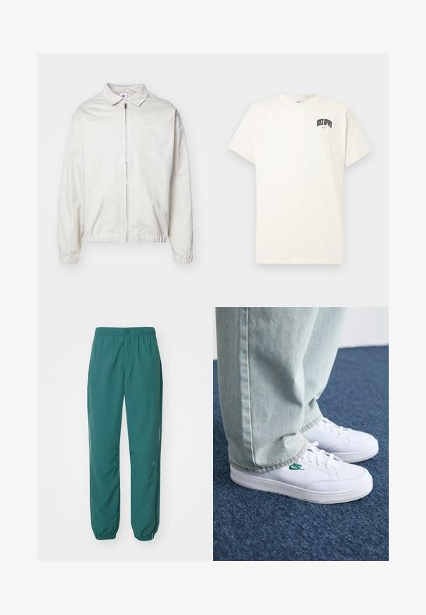 White, lightweight Nike jacket with a collared neckline, front zipper, elastic cuffs, and a small logo on the left chest. Smooth texture.; Cream-colored cotton t-shirt with short sleeves, featuring "NIKE SB" in black and red text on the chest. Standard round neckline.; Teal athletic pants with an elastic waistband, drawstring closure, and gathered cuffs. Features a subtle logo near the hem. Lightweight fabric.; White leather sneakers with green Nike logo, round toe, flat sole, paired with light blue denim pants, shown on a blue carpet.