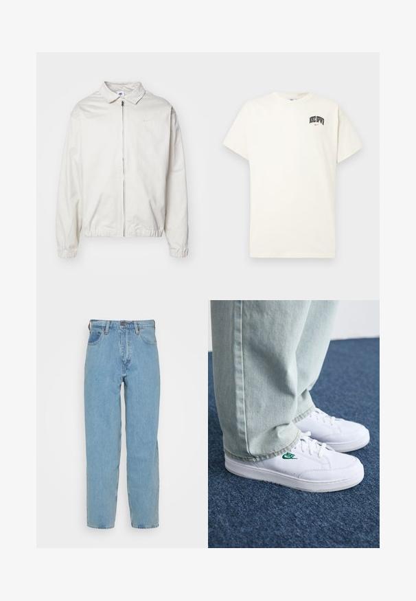 White, lightweight Nike jacket with a collared neckline, front zipper, elastic cuffs, and a small logo on the left chest. Smooth texture.; Cream-colored cotton t-shirt with short sleeves, featuring "NIKE SB" in black and red text on the chest. Standard round neckline.; Light blue denim jeans with a straight-leg cut, five pockets, belt loops, and brass button closure. Smooth texture with minimal fading.; White leather sneakers with green Nike logo, round toe, flat sole, paired with light blue denim pants, shown on a blue carpet.