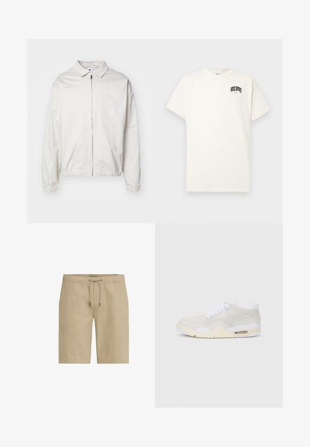 Giacca Nike bianca, leggera, con colletto, zip frontale, polsini elasticizzati e un piccolo logo sul lato sinistro del petto. Texture liscia.; T-shirt in cotone color crema con maniche corte, con la scritta "NIKE SB" in nero e rosso sul petto. Collo tondo standard.; Pantaloni corti beige realizzati in tessuto morbido, con vita elasticizzata e coulisse, dotati di tasche laterali e caratterizzati da un taglio dritto.; Sneaker con una toma superiore sintetica beige chiaro, lacci bianchi e ammortizzazione visibile. Presenta una suola liscia e accenti laterali discreti.