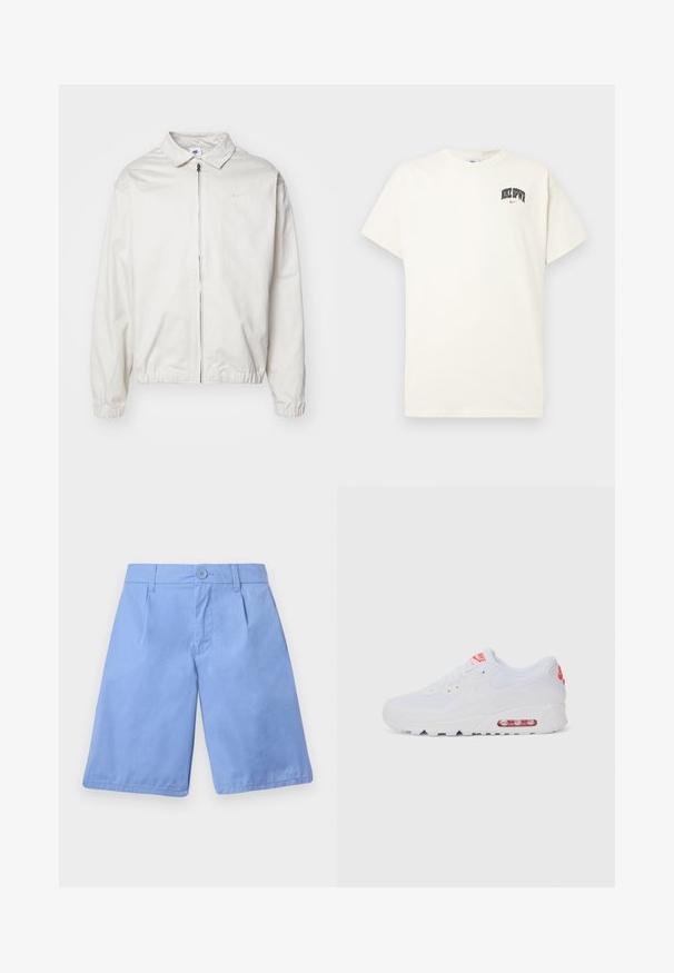 Veste Nike blanche et légère avec un col, fermeture éclair à l'avant, poignets élastiques et un petit logo sur la poitrine gauche. Texture lisse.; T-shirt en coton couleur crème à manches courtes, avec "NIKE SB" en texte noir et rouge sur la poitrine. Col rond standard.; Shorts en coton bleu clair avec une taille plate, deux poches latérales et une fermeture à un bouton. Dotés d'une texture lisse et de jambes droites.; Baskets de sport blanches avec une tige lisse, un système de laçage, une semelle rembourrée et une unité d'air visible avec des accents rouges sur le logo.