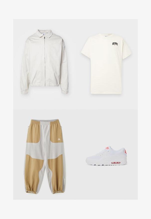 White, lightweight Nike jacket with a collared neckline, front zipper, elastic cuffs, and a small logo on the left chest. Smooth texture.; Cream-colored cotton t-shirt with short sleeves, featuring "NIKE SB" in black and red text on the chest. Standard round neckline.; Lightweight, tapered sweatpants in gray and beige, featuring elastic cuffs, zip pockets, and a triangle logo in white on the right leg.; White athletic sneaker featuring a smooth upper, lace closure, cushioned sole, and a visible air unit with red accents on the branding.