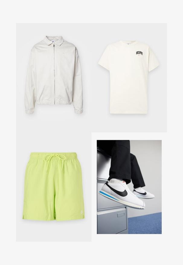 Balta, viegla Nike jaka ar apkakles kaklu, priekšējo rāvējslēdzēju, elastīgām piedurknēm un mazu logotipu kreisajā krūtī. Gluda tekstūra.; Kremkrāsas kokvilnas T-krekls ar īsām piedurknēm, ar uzrakstu "NIKE SB" melnā un sarkanā krāsā uz krūtīm. Standarta apaļa apkakle.; Neon zaļi peldšorti ar elastīgu jostasvietu un auklu, ar sānu slēgšanu un mazu balto logotipu apakšējā malā.; Baltas ādas sporta apavi ar melnu Nike zīmi, gaiši zilu un pelēku gumijas zoli un klasisku auklu dizainu. Kājām atpūšoties uz dokumentu skapja.