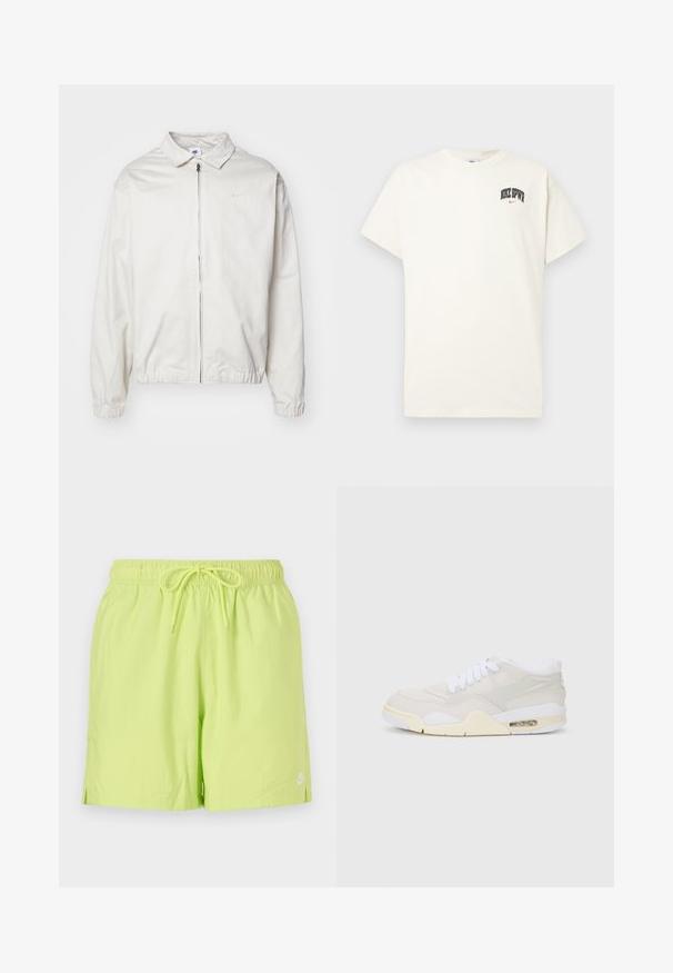 Biała, lekka kurtka Nike z kołnierzykiem, zamek błyskawiczny z przodu, elastycznymi mankietami oraz małym logo na lewej piersi. Gładka faktura.; Beżowa bawełniana koszulka z krótkim rękawem, z napisem "NIKE SB" w czarnym i czerwonym kolorze na klatce piersiowej. Klasyczny okrągły dekolt.; Neonowe zielone kąpielówki z elastycznym pasem i sznurkiem, z bocznymi rozcięciami i małym białym logo na dolnym brzegu.; Sneakers z lekkim beżowym syntetycznym wierzchem, białymi sznurówkami i widocznymi amortyzacjami. Posiadają gładką podeszwę i subtelne akcenty po bokach.