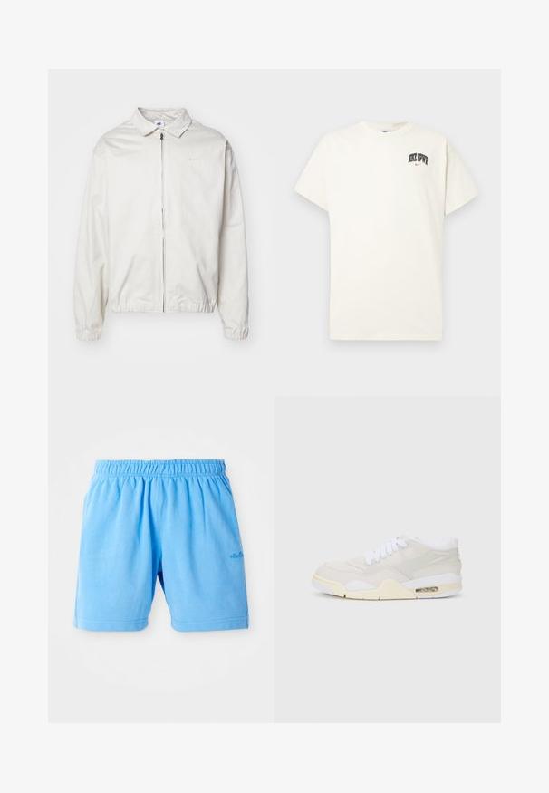 Fehér, könnyű Nike dzseki, galléros nyakkal, elöl cipzárral, elasztikus mandzsettákkal és kis logóval a bal melle részén. Simaszerű textúra.; Krém színű pamut póló rövid ujjakkal, fekete és piros "NIKE SB" felirattal a mellkasán. Standard kerek nyakkivágással.; Világoskék pamut rövidnadrág, rugalmas derékkal, laza szabással tervezve. Két tűzéssel varrott szegélyekkel és egy kis logóval díszítve.; Könnyű bézs szintetikus felsőrésszel, fehér fűzőkkel és látható párnázottsággal rendelkező sportcipők. Simább talppal és diszkrét oldalsó díszítéssel rendelkezik.