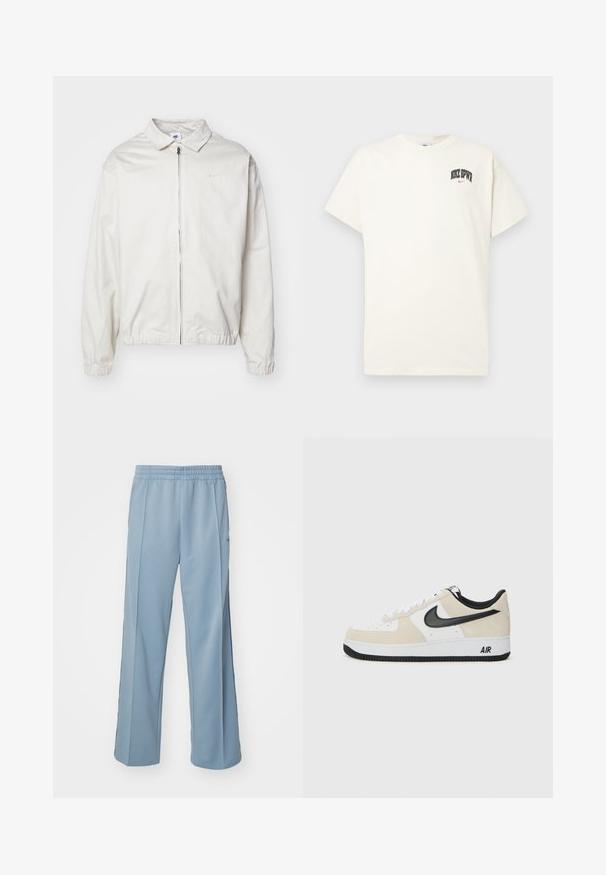 Valkoinen, kevyt Nike-takki, jossa on kauluksellinen kaula-aukko, etuvetoketju, joustavat hihansuut ja pieni logo vasemmalla rinnalla. Sujuva pinta.; Kermanvärinen puuvillapaita lyhyillä hihoilla, jossa rintakehässä on musta- ja punateksti "NIKE SB". Standardi pyöreä kaula-aukko.; Carhartt WIP BOLAN PANT - Verryttelyhousut - dusty ice/positano; Juoksukengät, joissa on vaalea beige mokka- ja valkoiset nahkaketju, musta Nike-logoelementti, mustat yksityiskohdat ja valkoinen kumipohja, jossa on "AIR"-brändäys.