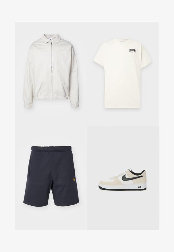 Giacca Nike bianca, leggera, con colletto, zip frontale, polsini elasticizzati e un piccolo logo sul lato sinistro del petto. Texture liscia.; T-shirt in cotone color crema con maniche corte, con la scritta "NIKE SB" in nero e rosso sul petto. Collo tondo standard.; Shorts in cotone blu navy con vita elastica, due tasche laterali e un piccolo logo sul lato sinistro. Tessuto liscio.; Sneaker con una parte superiore in suede beige chiaro e pelle bianca, logo Nike Swoosh nero, dettagli neri e una suola in gomma bianca con il marchio "AIR".