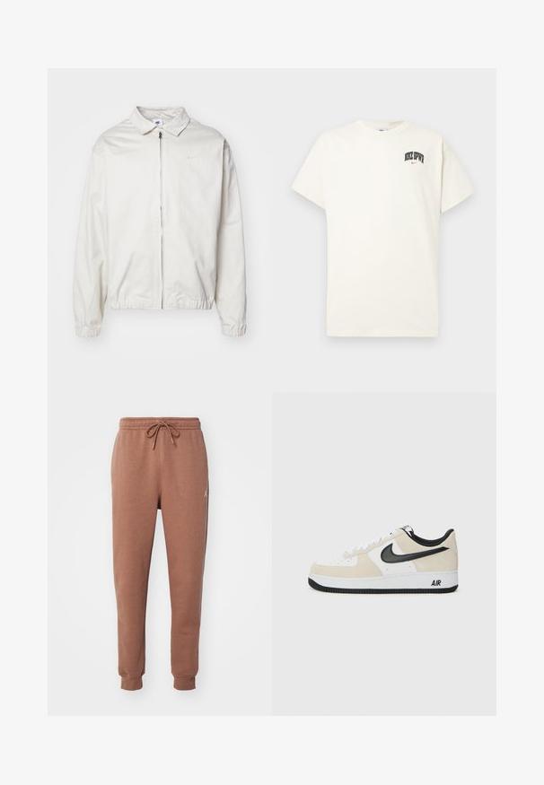 Casaco Nike branco e leve, com gola, fecho frontal, punhos elásticos e um pequeno logótipo no lado esquerdo do peito. Textura suave.; T-shirt de algodão na cor creme com mangas curtas, apresentando "NIKE SB" em texto preto e vermelho no peito. Gola redonda padrão.; Calças de treino castanhas feitas de material de jersey macio. Apresentam uma cintura elástica com cordão e punhos nos tornozelos. Detalhe do logotipo branco.; Sapatilhas com parte superior em camurça bege claro e couro branco, swoosh da Nike em preto, detalhes em preto e uma sola de borracha branca com a marca "AIR".