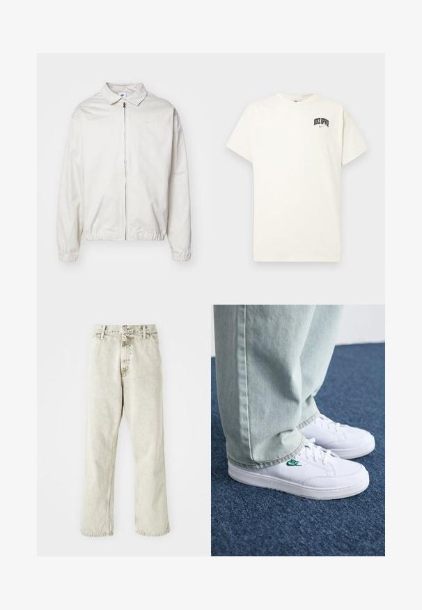 Casaco Nike branco e leve, com gola, fecho frontal, punhos elásticos e um pequeno logótipo no lado esquerdo do peito. Textura suave.; T-shirt de algodão na cor creme com mangas curtas, apresentando "NIKE SB" em texto preto e vermelho no peito. Gola redonda padrão.; Calças de denim cinza claro com um design de perna reta, fecho de botão e passadores de cinto. Apresentam uma textura subtil e detalhes de costura minimalistas.; Tênis de couro brancos com logo verde da Nike, bico redondo, sola plana, combinados com calças de denim azul claro, exibidos sobre um tapete azul.