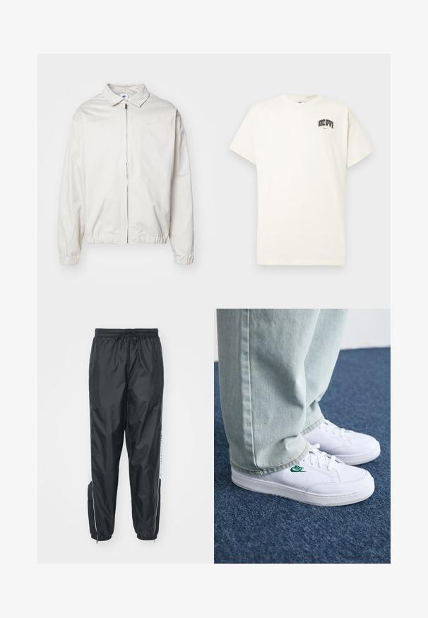 Balta, lengva Nike striukė su apykakle, priekiniais užtrauktuku, elastingomis rankogaliais ir maža logotipu kairiajame krūtinės kampe. Lygus paviršius.; Kremo spalvos medvilninis marškinėlis trumpomis rankovėmis, su "NIKE SB" juodu ir raudonu tekstu ant krūtinės. Standartinė apvali iškirptė.; Juodos vandeniui atsparios kelnes su elastinga raištelių juosta, su siaurėjančiais apačiais ir šoninėmis kišenėmis, puikuojančiomis baltomis detalėmis ir ženklinimu.; Balti odiniai sportbačiai su žaliu Nike logotipu, apvalia nosimi, plokščiu padu, derinami su šviesiai mėlynomis džinsinėmis kelnėmis, rodomi ant mėlynos kiliminės dangos.
