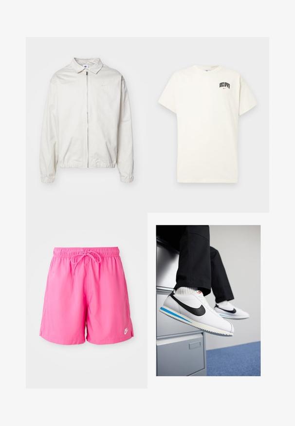 Balta, lengva Nike striukė su apykakle, priekiniais užtrauktuku, elastingomis rankogaliais ir maža logotipu kairiajame krūtinės kampe. Lygus paviršius.; Kremo spalvos medvilninis marškinėlis trumpomis rankovėmis, su "NIKE SB" juodu ir raudonu tekstu ant krūtinės. Standartinė apvali iškirptė.; Rožinės sportinės šortai su elastinga juosta ir raišteliu. Pagaminti iš lengvos medžiagos, turinčios šoninius įpjovimus ir mažą logotipo detalę.; Baltos odinės sportbačiai su juodu Nike logotipu, šviesiai mėlyna ir pilka guma padais bei klasikiniu raištelių dizainu. Kojos remiasi į dokumentų spintą.