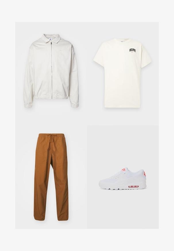 Hvit, lett Nike-jakke med kragehals, glidelås foran, elastiske mansjetter og en liten logo på venstre bryst. Glatt tekstur.; Kremfarget bomull t-skjorte med korte ermer, med "NIKE SB" i svart og rødt trykk på brystet. Standard rund halslinning.; Brune, lette bukser med snøring og elastisk linning, med to sidelommer og en glat tekstur.; Hvite atletiske joggesko med glatt overdel, snøring, polstret såle og synlig luftenhet med røde detaljer på merket.