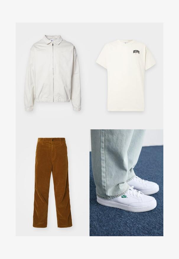 Fehér, könnyű Nike dzseki, galléros nyakkal, elöl cipzárral, elasztikus mandzsettákkal és kis logóval a bal melle részén. Simaszerű textúra.; Krém színű pamut póló rövid ujjakkal, fekete és piros "NIKE SB" felirattal a mellkasán. Standard kerek nyakkivágással.; Carhartt WIP SINGLE KNEE PANT - Nadrágok - deep brown rinsed; Fehér bőr sportcipők zöld Nike logóval, kerek orral, lapos talppal, világoskék farmernadrággal párosítva, kék szőnyegen bemutatva.