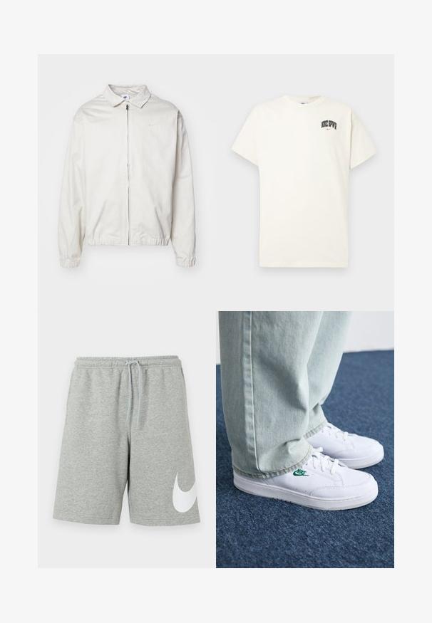 Jachetă Nike albă, ușoară, cu guler, fermoar frontal, manșete elastice și un logo mic pe pieptul stâng. Textură netedă.; T-shirt din bumbac de culoare crem, cu mâneci scurte, având inscripția "NIKE SB" în text negru și roșu pe piept. Guler standard, de formă rotundă.; Pantaloni scurți gri din bumbac cu talie elastică și șnur ajustabil. Au un logo mare alb Nike pe piciorul stâng.; Adidași din piele albă cu logo-ul Nike verde, vârf rotund, talpă plată, asortați cu pantaloni din denim bleu deschis, prezentați pe un covor albastru.