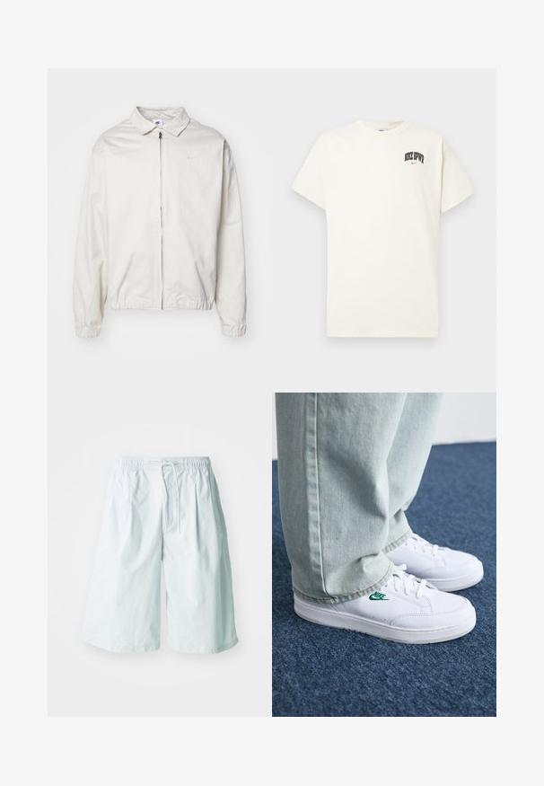 Casaco Nike branco e leve, com gola, fecho frontal, punhos elásticos e um pequeno logótipo no lado esquerdo do peito. Textura suave.; T-shirt de algodão na cor creme com mangas curtas, apresentando "NIKE SB" em texto preto e vermelho no peito. Gola redonda padrão.; Calções azul claro feitos de tecido leve. Apresentam uma cintura elástica com cordão e bolsos laterais. Textura suave e ajustam-se de forma solta.; Tênis de couro brancos com logo verde da Nike, bico redondo, sola plana, combinados com calças de denim azul claro, exibidos sobre um tapete azul.