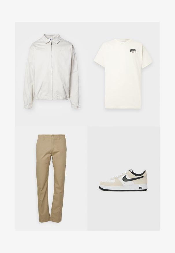 Hvid, letvægts Nike-jakke med kravehals, lynlås foran, elastiske ærmer og et lille logo på venstre bryst. Glat tekstur.; Cremefarvet bomulds t-shirt med korte ærmer, der har "NIKE SB" i sort og rød tekst på brystet. Standard rund halsudskæring.; Beige chinos med lige ben, der har knaplukning, bæltesløjfer og en glat bomuldsstoftekstur.; Sneakers med en lys beige ruskind og hvid læder overdel, sort Nike swoosh, sorte detaljer og en hvid gummisål med "AIR" branding.